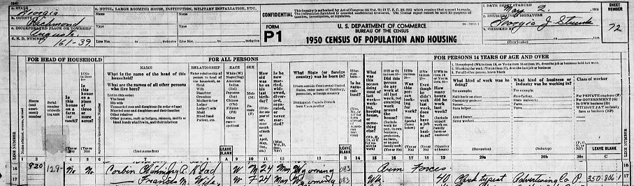 Channing and Frances 1950 Census