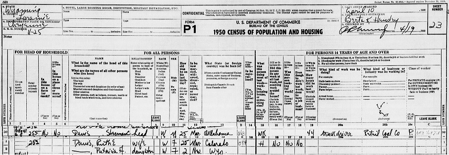 Sherman and Ruth Davis 1950 Census