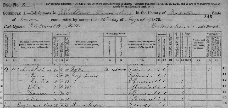 Richard Roberts 1870 Census