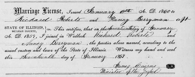 Berryman & Roberts Marriage License